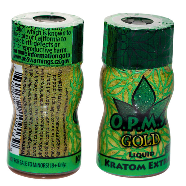 OPMS Gold Liquid Kratom Extract Shot back of packaging and front of packaging - Kratom City